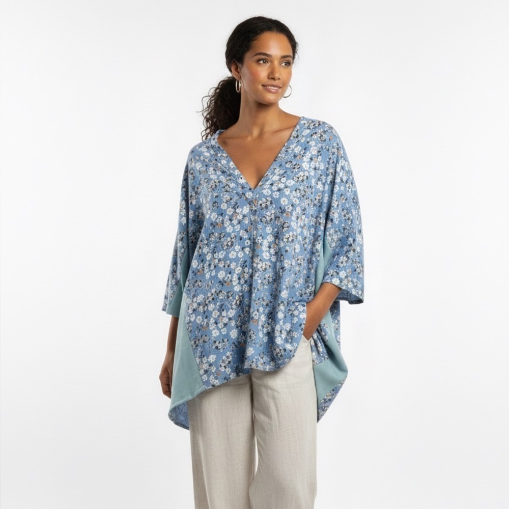 Made in Italy Floral Tunic Blue Boho Lagenlook Oversized Top Size Large